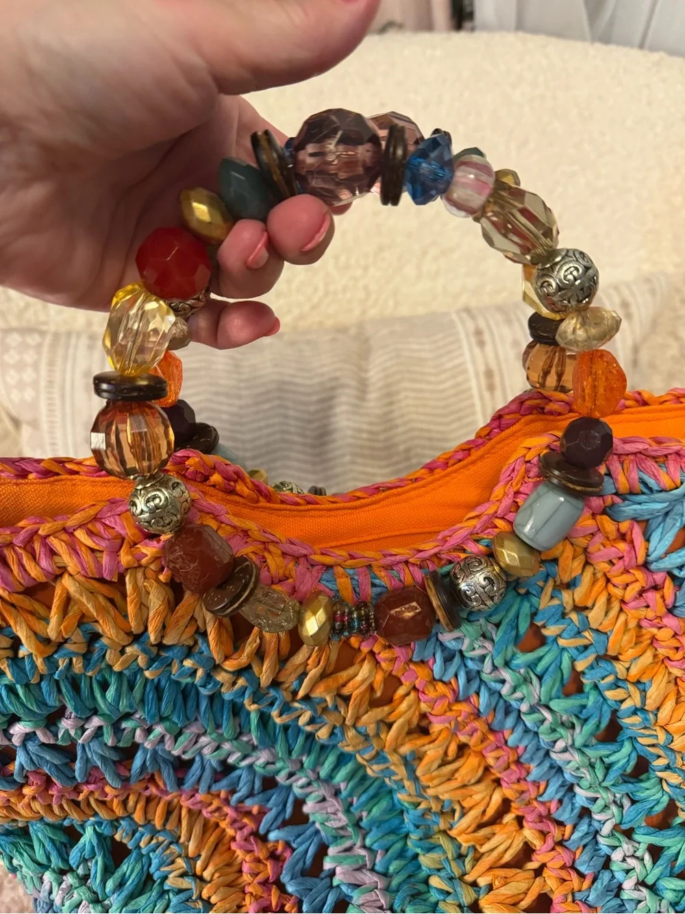 Multicolor Crochet Beach Tote with Beaded Handle
